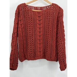 Rust Red Open Knit Cable Stitch Sweater Women M Boho Pointelle Cozy